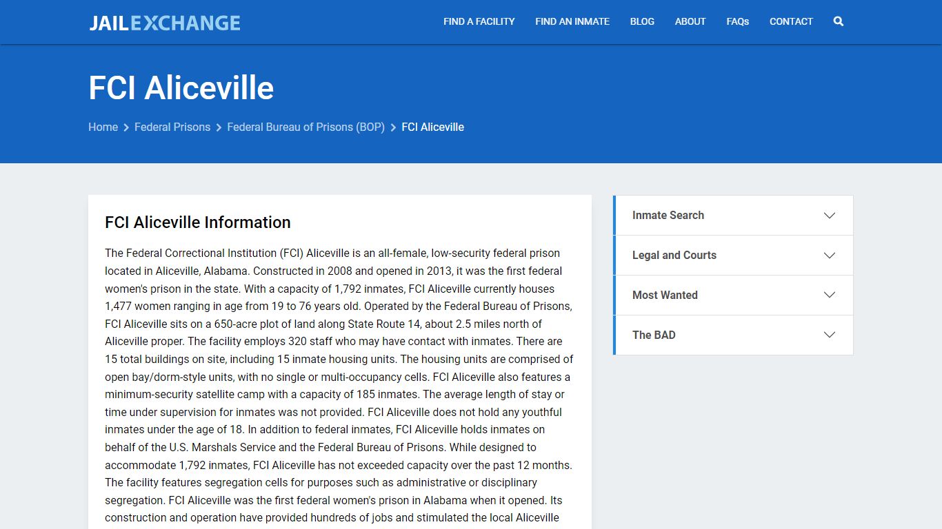 Federal Inmate Search - FCI Aliceville - Jail Exchange