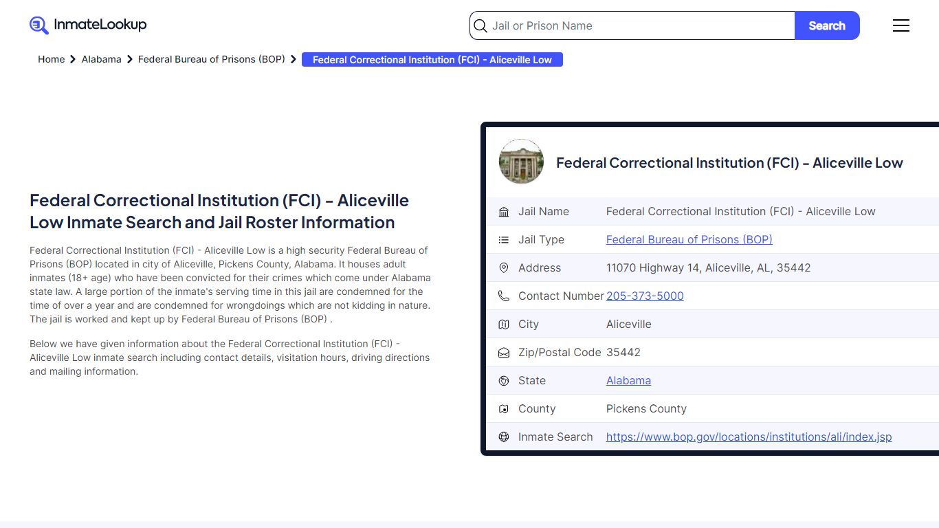 Federal Correctional Institution (FCI) - Aliceville Low Inmate Search ...